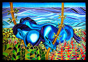 300x214 Blue Horses On The Beach Caye Caulker Belize Painting By Lee - Belize Painting