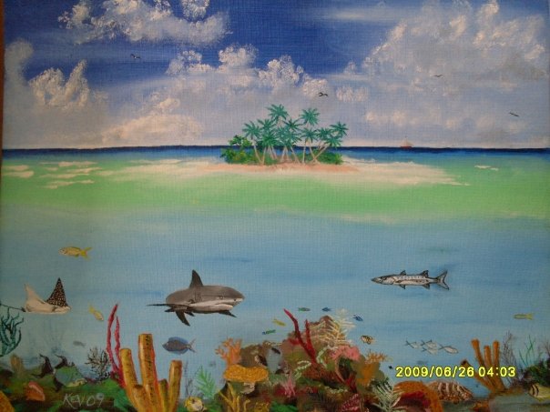 604x453 Captain Kev's Hidden Talent Kev's Island Underwater Painting - Belize Painting