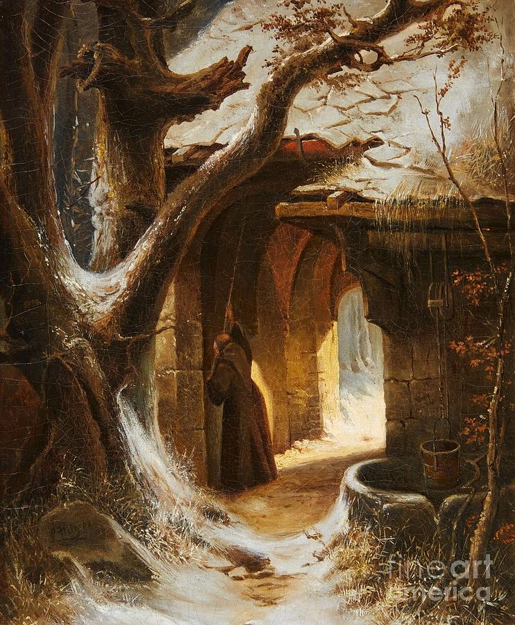 742x900 A Cloister In Winter With A Monk Ringing The Alms Bell Painting By - Bell Painting