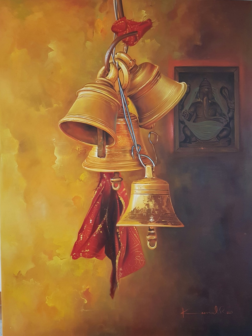 1000x1331 Temple Bells, Painting By Kamal Rao Contemporary Artwork On Oil - Bell Painting