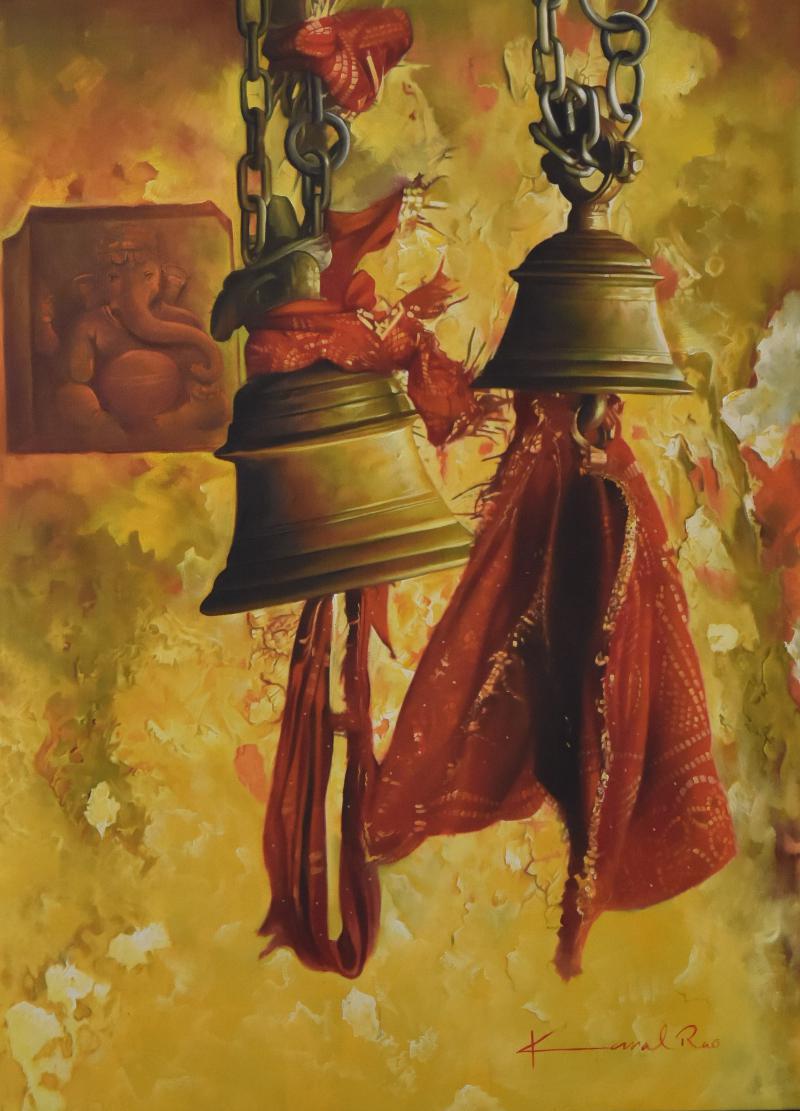 800x1111 Temple Bells By Artist Kamal Rao Religious Art Oil Paintings - Bell Painting