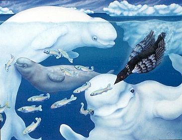 366x281 Beluga Whales And Common Loon - Beluga Whale Painting