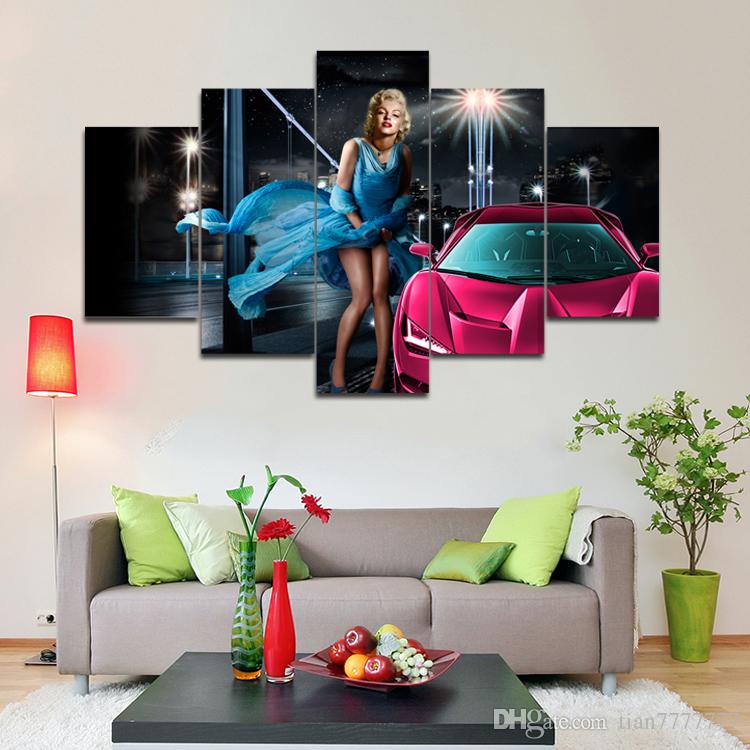 750x750 New Marilyn Monroe And Car Canvas Paintings 5 Panel No Frame Home - Best Canvas Size For Digital Painting