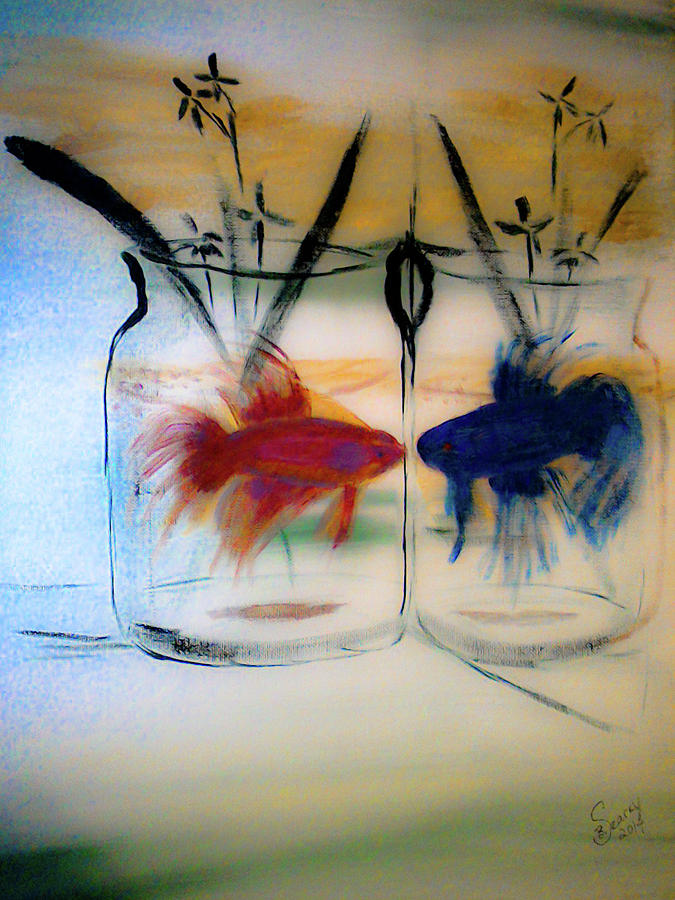 675x900 Betta Fish Reflection Painting By Barbara Searcy - Betta Fish Painting