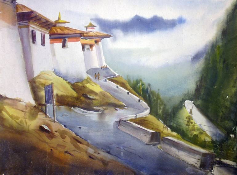 770x570 Saatchi Art Buddhist Monastery In Bhutan Watercolor On Paper - Bhutanese Painting
