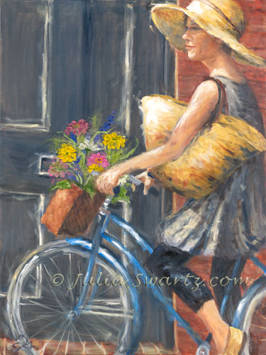 375x500 Julia Swartz Fine Art Gallery Market Day Figure Oil Painting - Bicycle Oil Painting