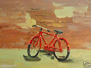 300x227 Oil Painting On Stretched Canvas 12x 16 Red Bicycle Ebay - Bicycle Oil Painting