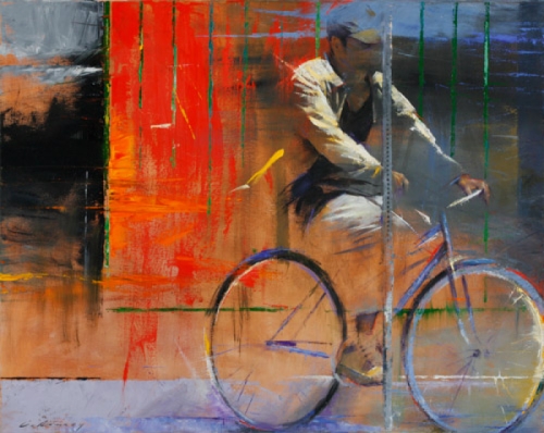500x398 Painting Bicycle Guy (Original Art By Carl Ramsey) - Bicycle Oil Painting