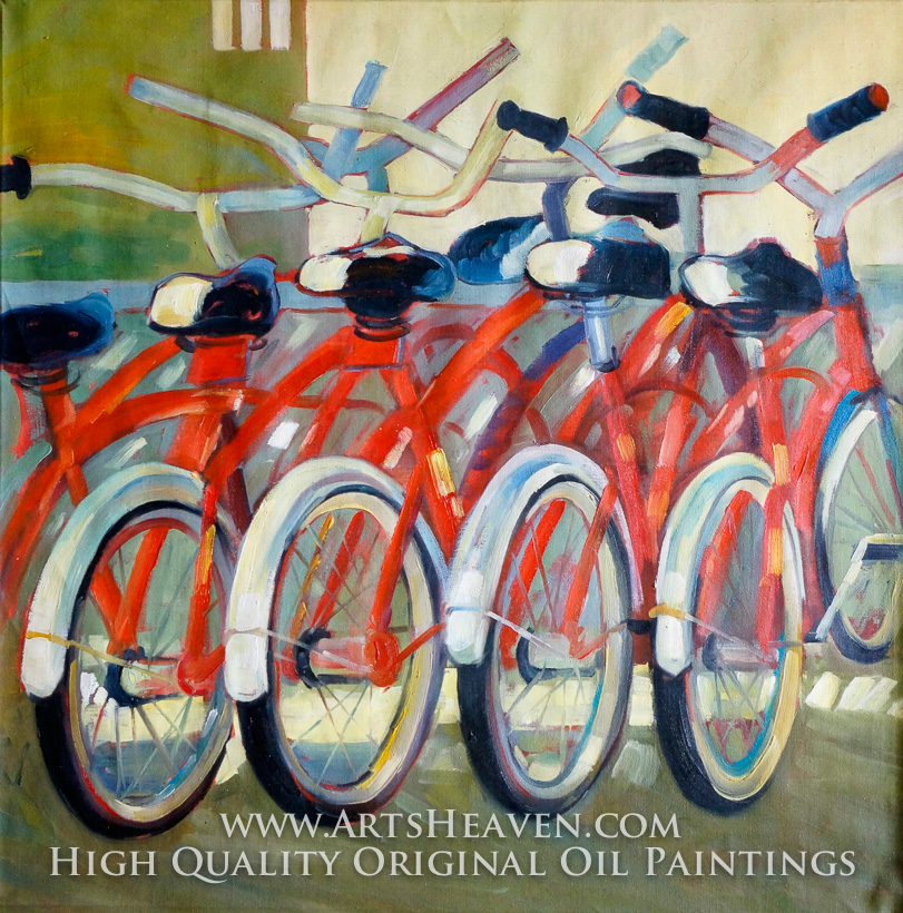 811x820 Reproduction Painting Various Artist Row Of Red Bicycles, Hand - Bicycle Oil Painting