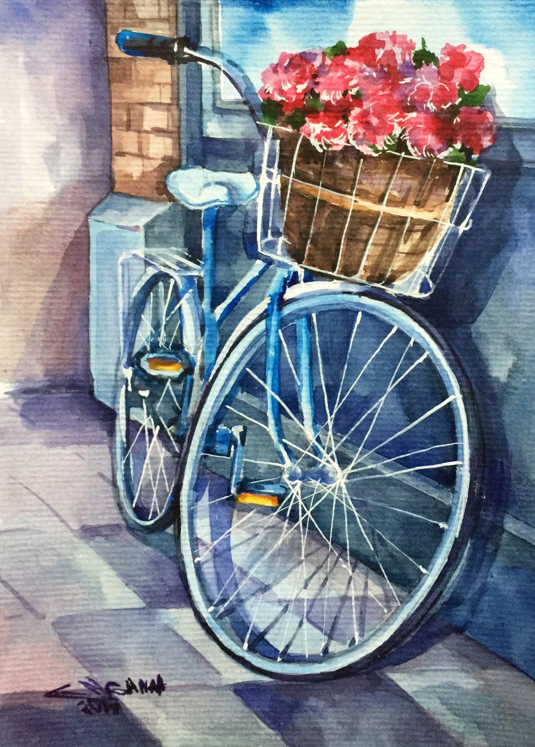 1074x1500 Bicycle With Flower Busket, Rose Flowers, Cityscape Original - Bicycle Painting