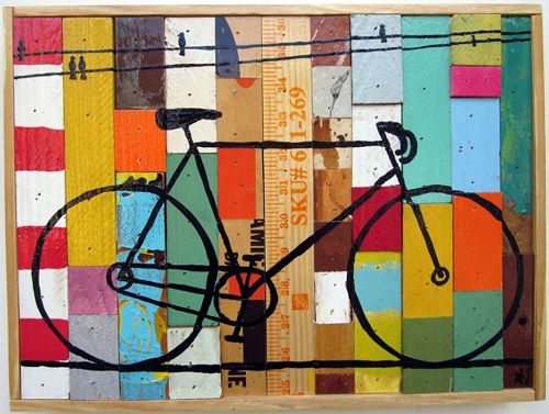500x377 Colorful Art Piece Of Bicycle Painted On Scrap Wood, By Artist - Bicycle Painting Art