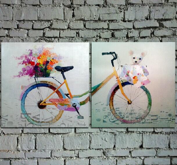 609x569 Handpainted Cartoon Oil Painting On Canvas Beautiful Bicycle Art - Bicycle Painting On Canvas
