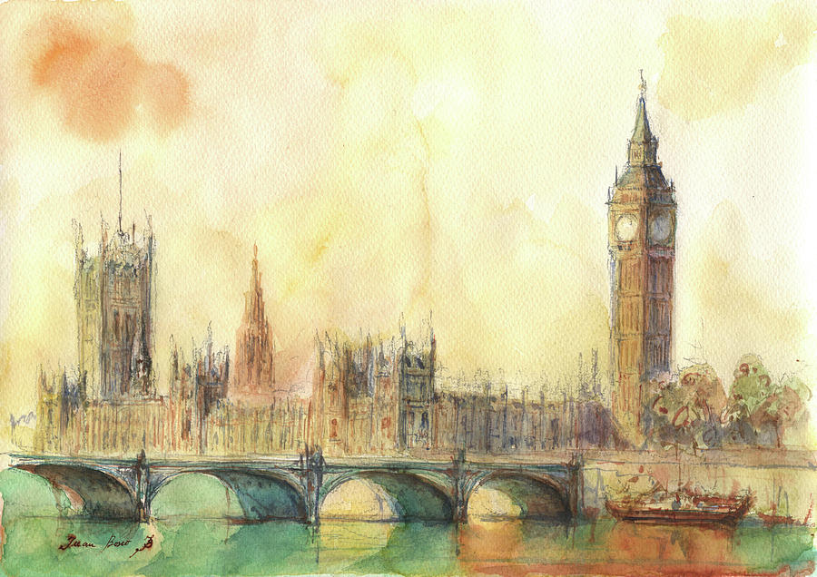 900x636 London Big Ben And Thames River Painting By Juan Bosco - Big Ben Painting