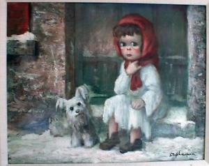 300x238 Harold Stephenson Abruzzi Original Big Sad Eyed Oil Painting Girl - Big Eyed Dog Painting