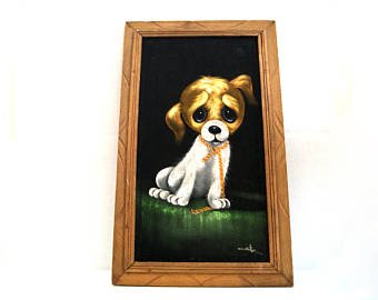 340x270 Vintage Black Dog Painting Etsy - Big Eyed Dog Painting