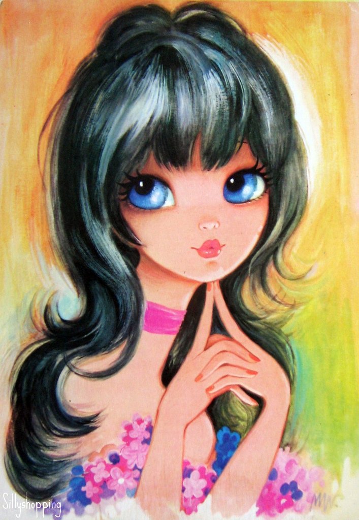 707x1024 Vintage Big Eyed Girl Postcard By Mw Sillyshopping - Big Eyed Girl Painting