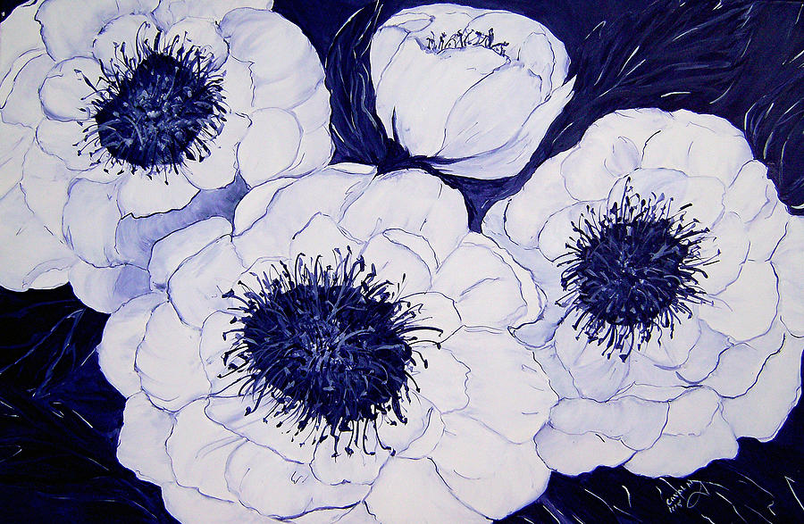 900x587 Big Blue And White Dahlia Flowers Painting By Carol Nelissen - Big Flower Painting