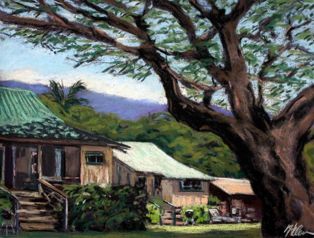 616x467 Cottages Under The Big Monkeypod Tree, Painting By Helen Turner - Big Tree Painting