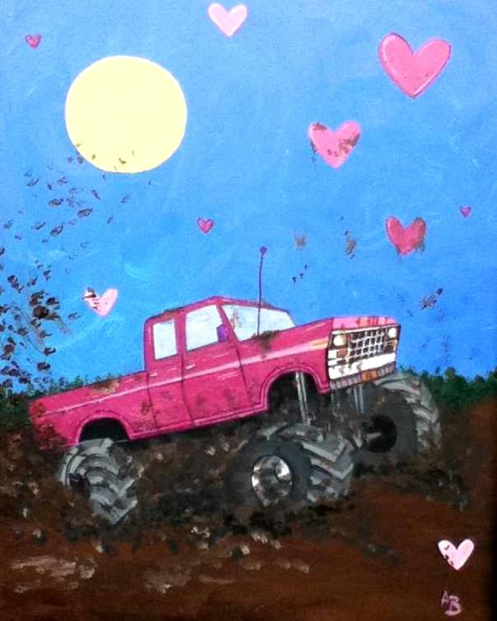 720x900 Pink Monster Mud Truck Painting By Amanda Baumgartner - Big Truck Painting