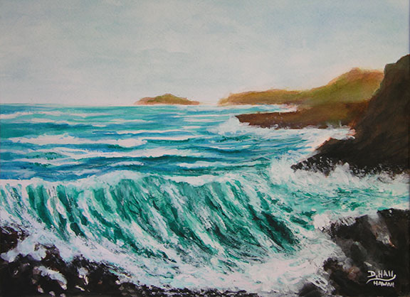 576x418 Hawaiian Big Surf Wave Art Original Water Color Original Painting - Big Wave Painting