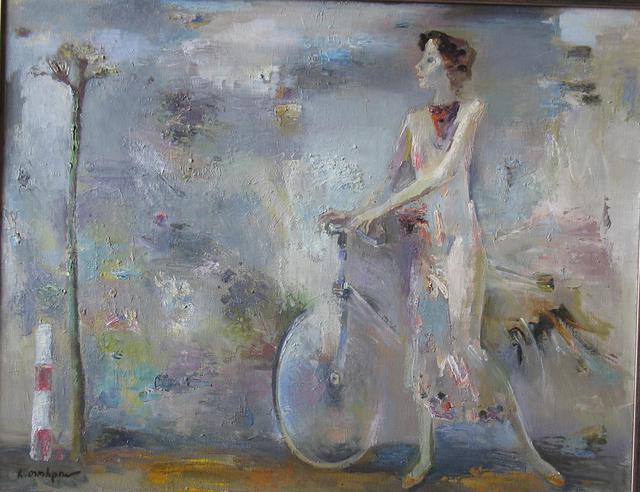 640x492 Radish Tordia Artwork Woman With Bicycle Original Painting Oil - Bike Oil Painting