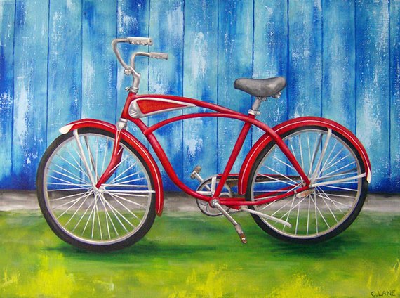 570x424 Red Bike Original Oil Painting 18 X 24 Inches - Bike Oil Painting