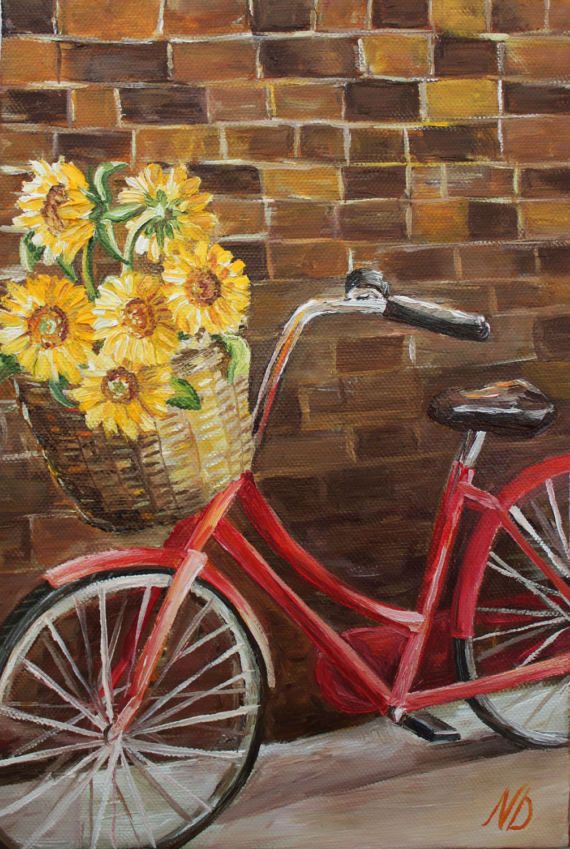 570x849 Framed Oil Painting Flower Oil Painting Framed Art Original Art - Bike Painting