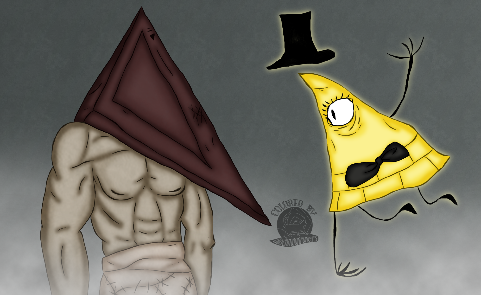 2000x1226 Pyramid Head And Bill Cipher Weasyl - Bill Cipher Painting