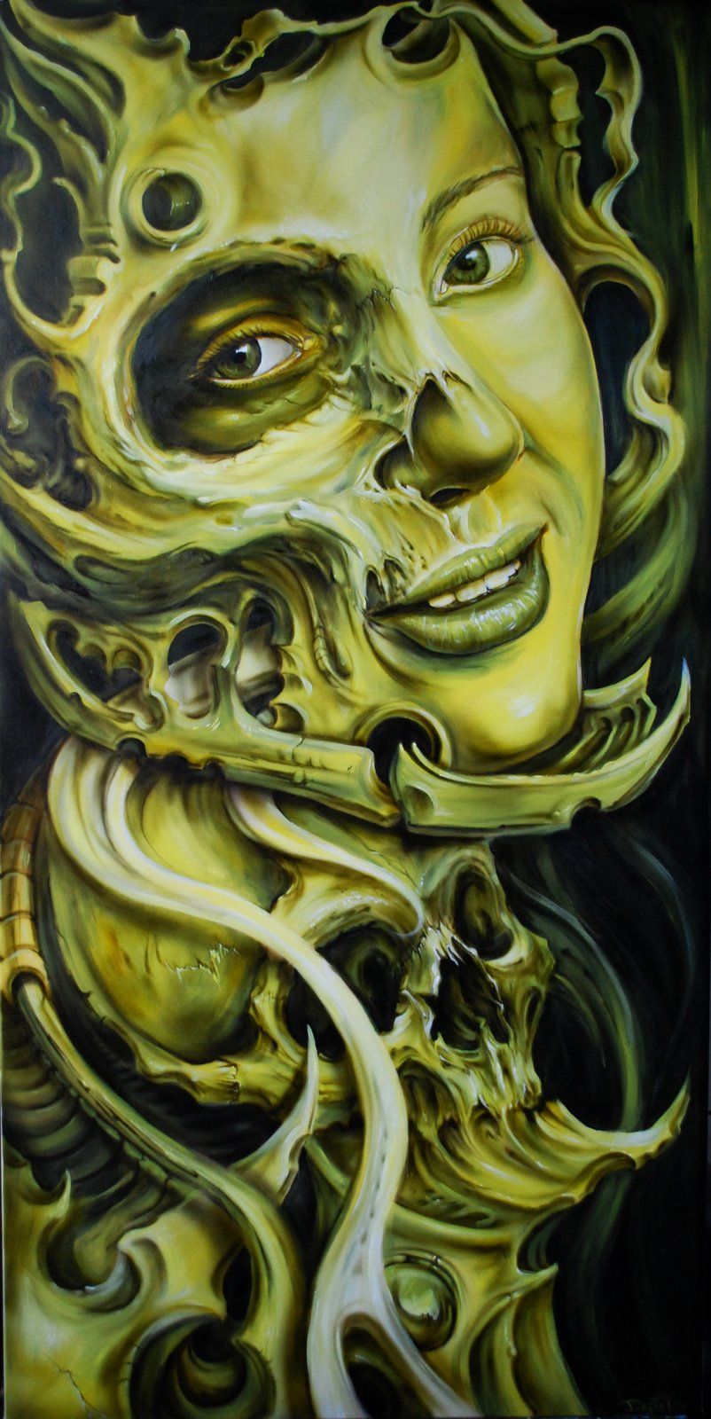 802x1600 Downward Spiral, Dark Fantasy Biomechanical Art By Derek Turcotte - Biomechanical Painting