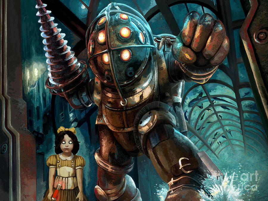 900x675 Bioshock Big Daddy And Little Sister Swimming With The Sharks - Bioshock Painting