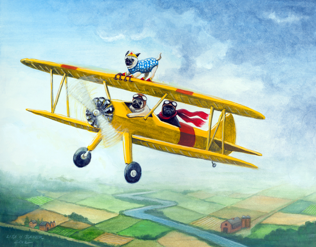 1008x787 Lisa Haderlie Baker Art And Illustration Pugs Take To The Air! - Biplane Painting