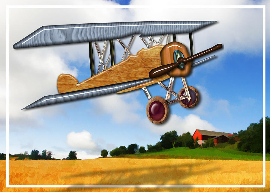 900x642 Wooden Biplane Over Farm Fields Painting By Elaine Plesser - Biplane Painting