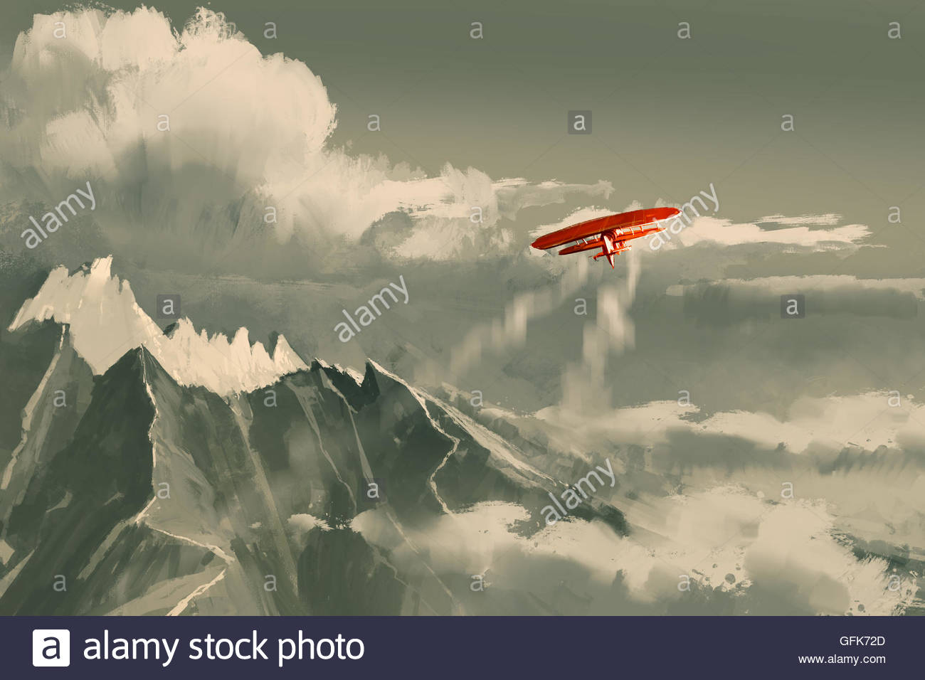1300x956 Red Biplane Flying Over Mountain,illustration,digital Painting - Biplane Painting