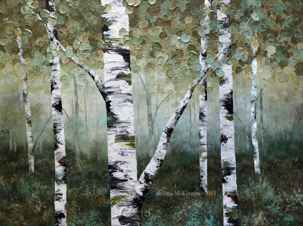 1000x746 Colourful Green Aqua Turquoise Gold Contemporary Abstract - Birch Forest Painting