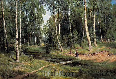 400x271 Stream In A Birch Forest Ivan Shishkin Painting Reproduction - Birch Forest Painting