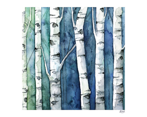 570x455 Watercolor Birch Trees Painting Print Titled Blue - Birch Forest Painting