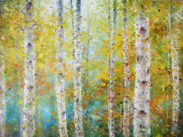 600x450 Oil Paint Birch Trees On Burlap Ioan Popei Paintings - Birch Forest Painting