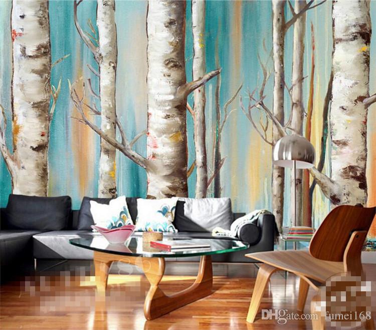 750x657 Custom 3d Mural Wallpaper Modern White Birch Trees Oil Painting Tv - Birch Oil Painting