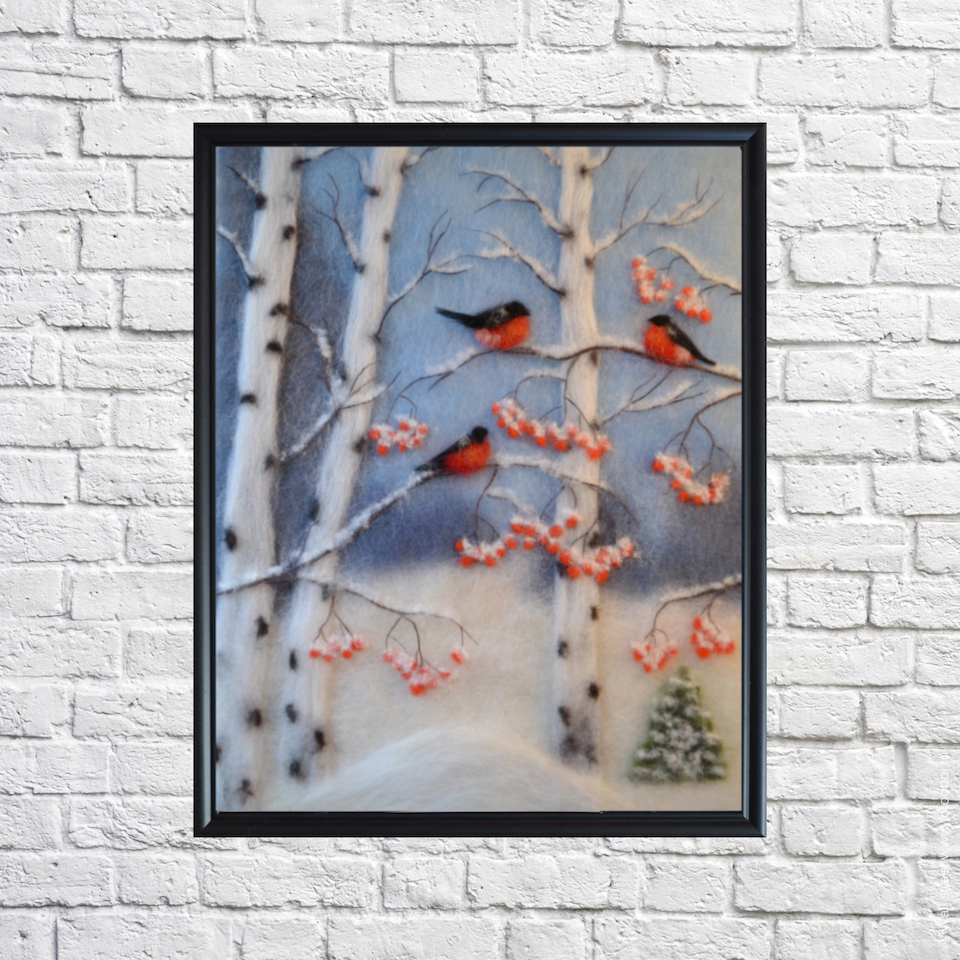 960x960 Bullfinches In A Birch Grove Wool Painting By Oksana Ball Wool - Birch Painting
