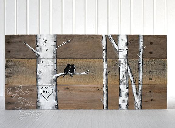 576x422 Rustic Valentine Gift Love Birds In Birch Tree On Wood - Birch Painting