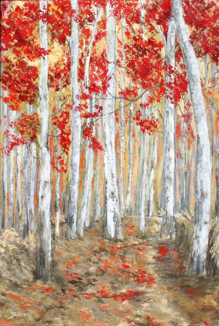 770x1144 Saatchi Art Red Birch Trees Painting By Christine Bleny - Birch Painting