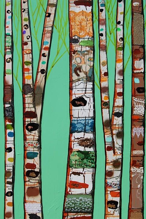 482x720 Tall Birch Trees In Pistachio Green - Birch Painting