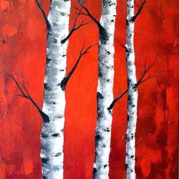 354x354 Birch Tree Canvas Wall Art Large Birch Trees Painting Rich Red - Birch Painting