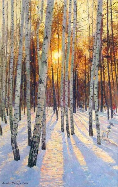 379x600 Anatoly Dverin Sunset In A Birch Grove Malen Birch - Birch Tree Forest Painting