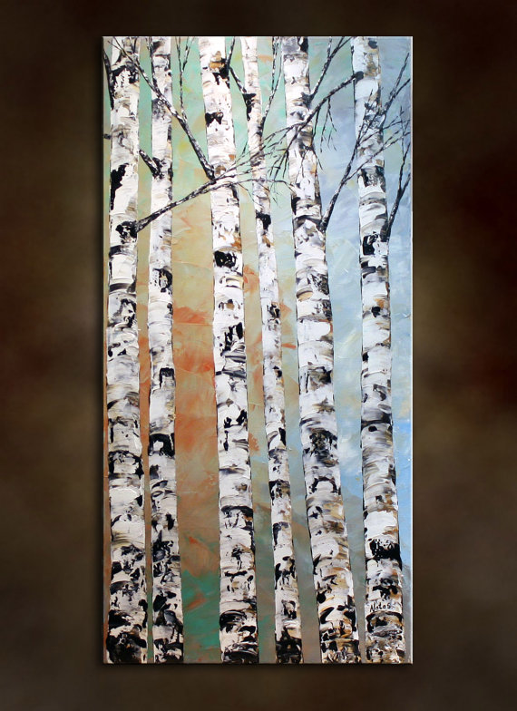 570x784 Original Modern Large Birch Tree Painting.palette Knife.impasto - Birch Tree Painting