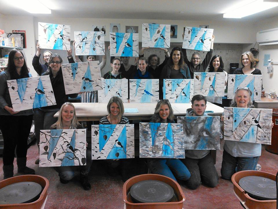 960x720 Winter Chickadee And Birch Tree Painting Night - Birch Tree Painting On Canvas