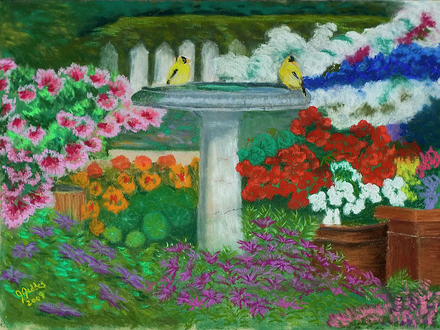 900x675 Gold Finch Bird Bath Painting By James Geddes - Bird Bath Painting