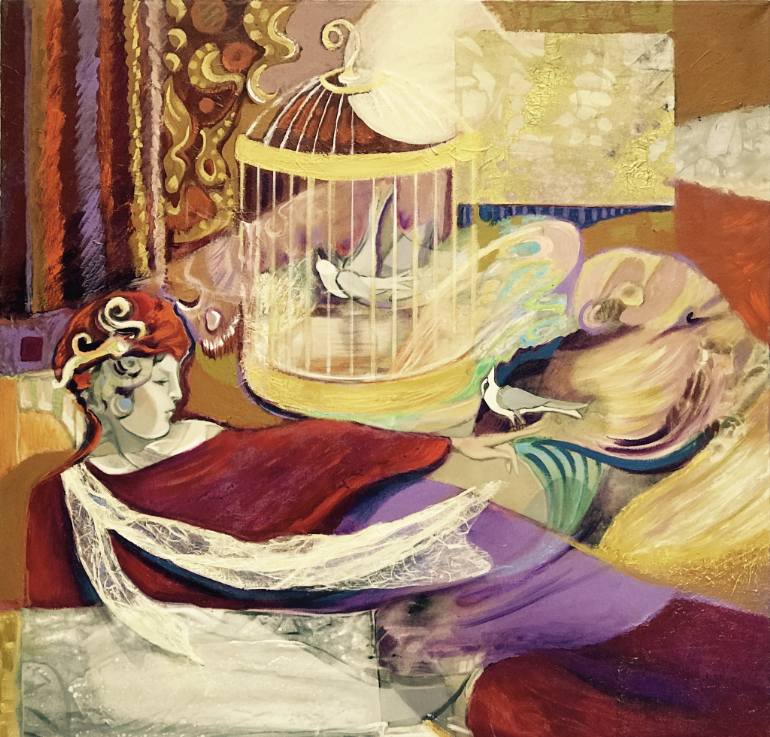 770x737 Saatchi Art Full Moon And Bird Cage Painting By Carole Orr - Bird Cage Painting