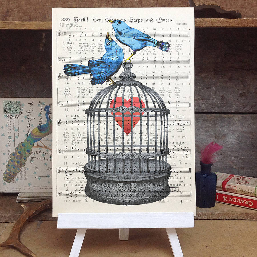 900x900 Love Birds Birdcage Vintage Music Book Page Print By Roo Abrook - Bird Cage Painting