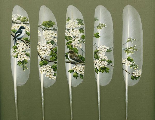 600x466 Feather Paintings - Bird Feather Painting